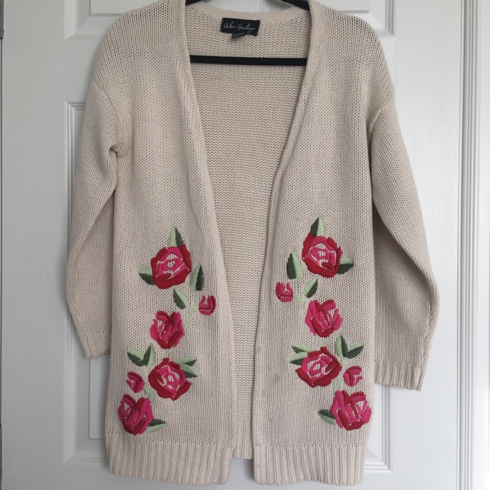 Urban Heritage Small Cream Colour Open Cardigan With Embroidery Details
